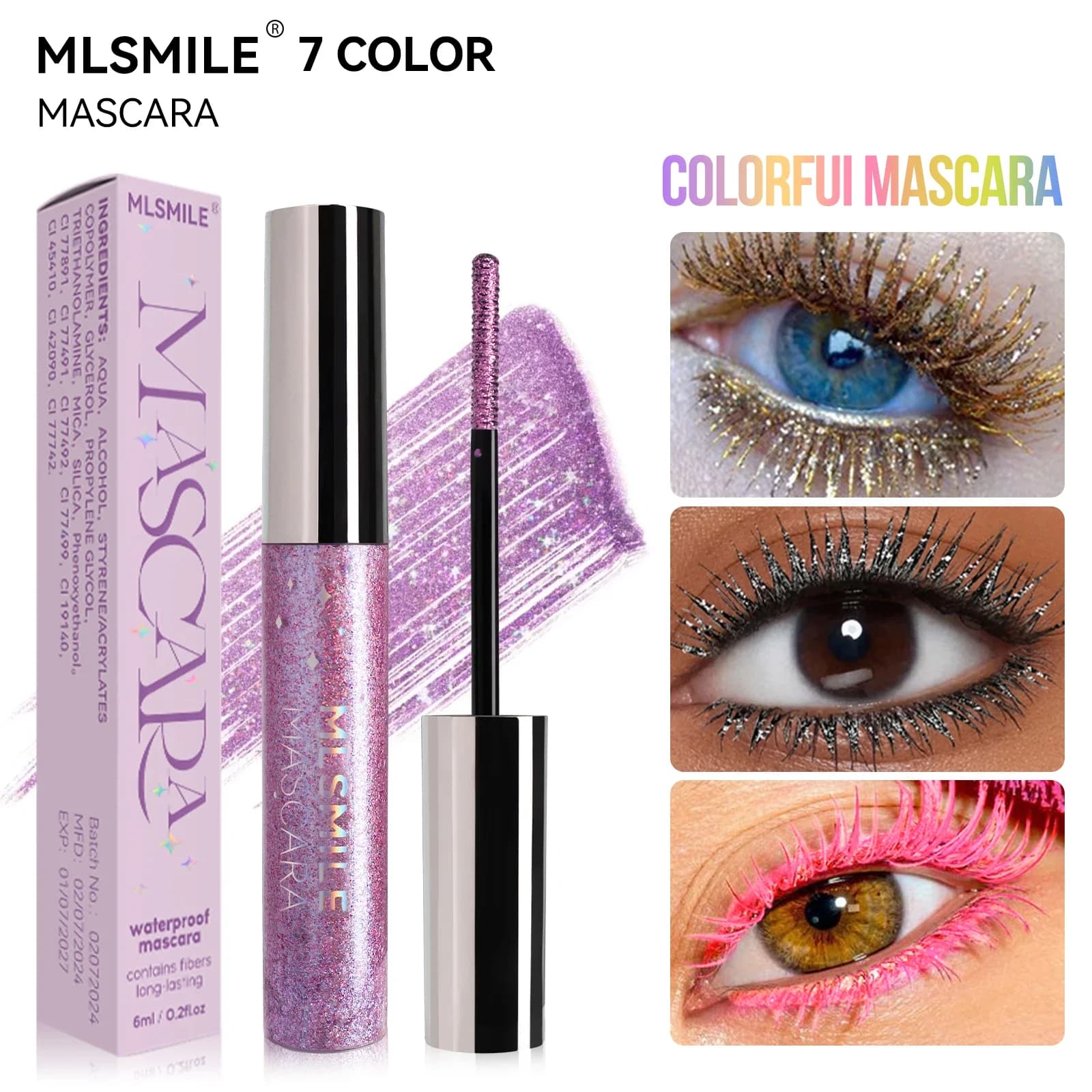 Mascara impermeabile perlescente glitterato, lunga durata, ad asciugatura rapida, senza sbavature, arricciatura, volumizzante, potenziatore delle ciglia con diamante