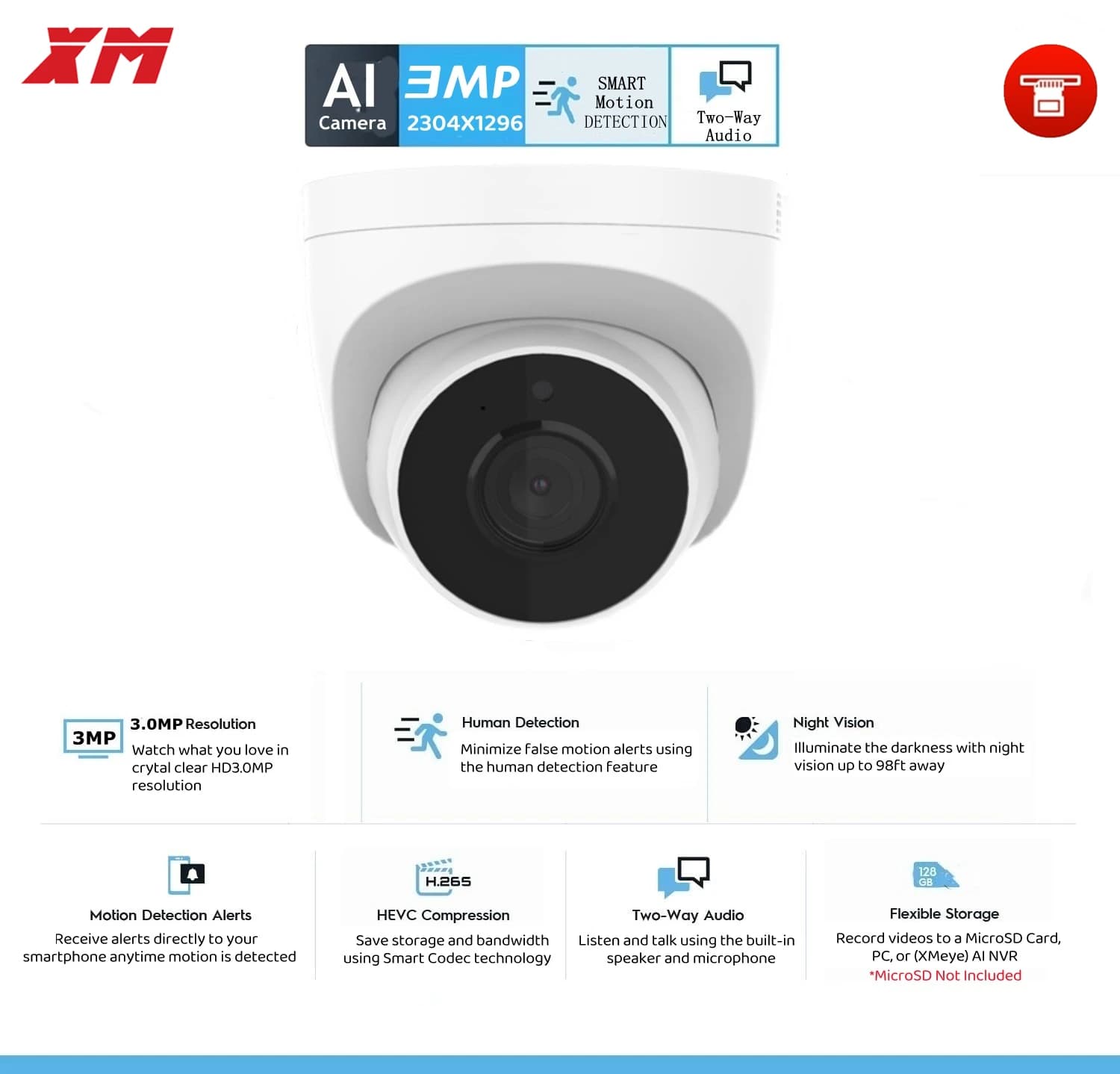 XM H.265 3MP 2K Telecamera IP PoE Telecamera di sicurezza dome per interni Audio bidirezionale AI Allarme rilevamento movimento intelligente Supporto P2P Micro SD