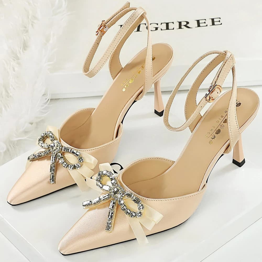 BIGTREE Shoes High-Heeled Sandals Women Shoes Summer Rhinestone Bowknot Women Pumps Silk Pointed Stiletto Heels 8 cm Sandals