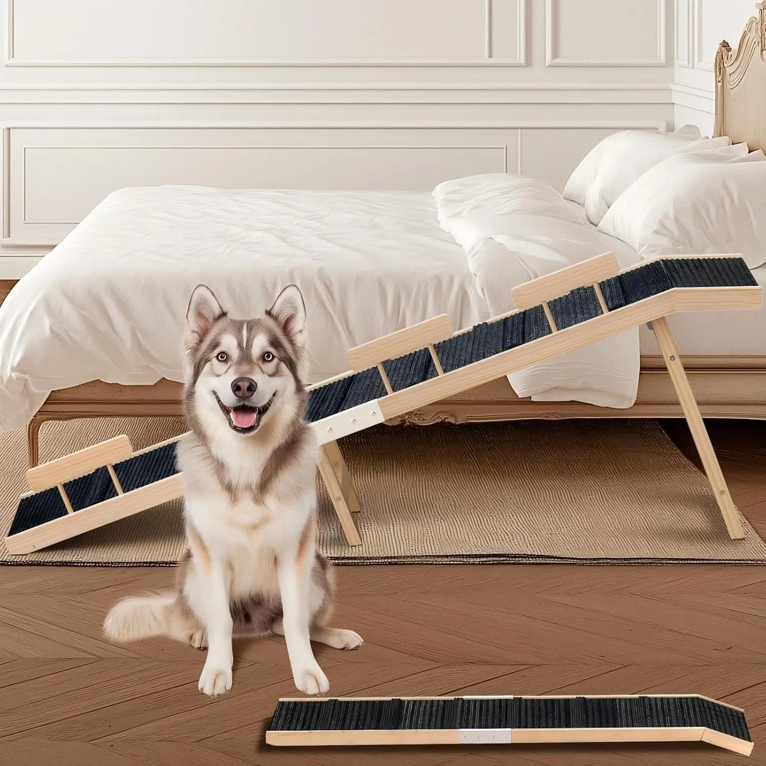 Rampa pieghevole per cani in legno da 74 pollici per letto e divano, 22 ° Pendenza delicata, sponde laterali, tappeto ad alta trazione, supporta 200 libbre