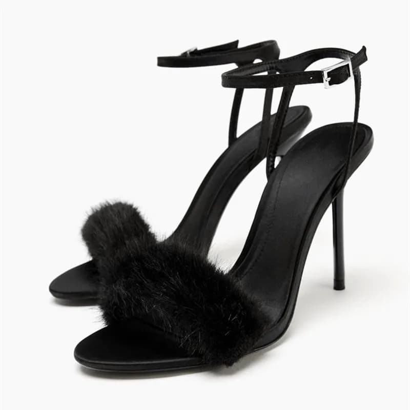 Elegante cinturino alla caviglia in pelliccia sintetica sandali con tacco firmati da donna sexy punta aperta a spillo pompe da donna scarpe da sposa da sposa di lusso da donna
