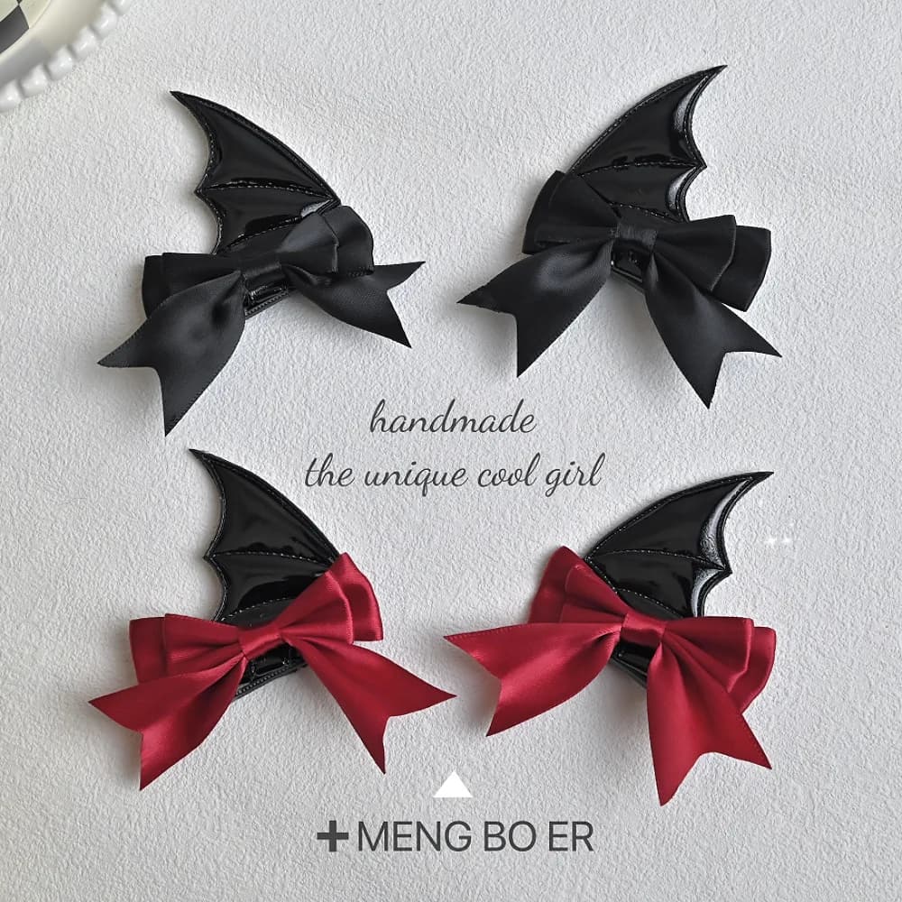 2 Pezzi Fermagli per Capelli Gotici Punk a Forma di Ali di Pipistrello, Neri e Rossi in Raso, Accessori per Capelli Alternativi per Donne