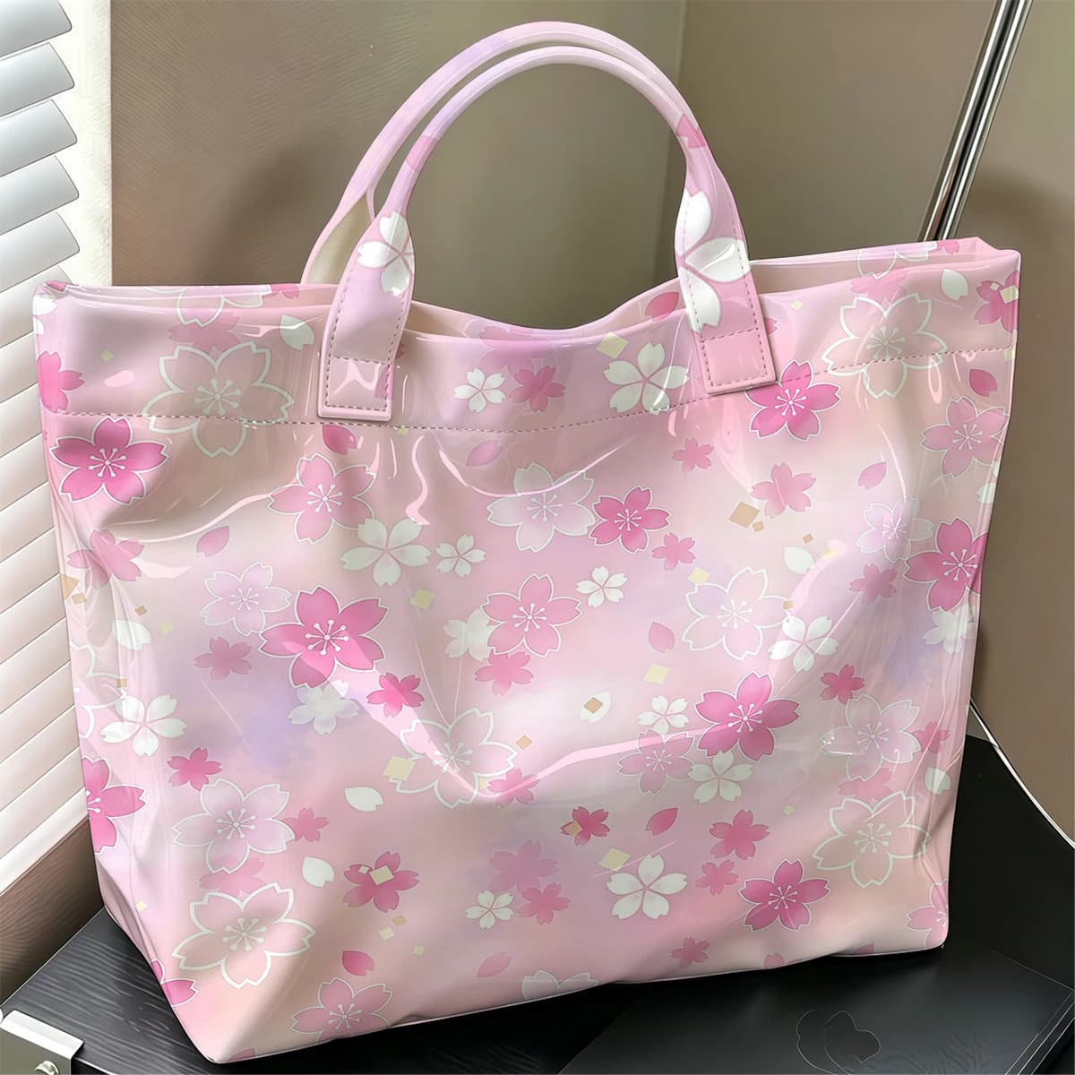 Pink Sakura Background Fashion Large Glossy PVC Tote Bag Hand Washable Waterproof Travel Commute Cosmetic Storage Shopper