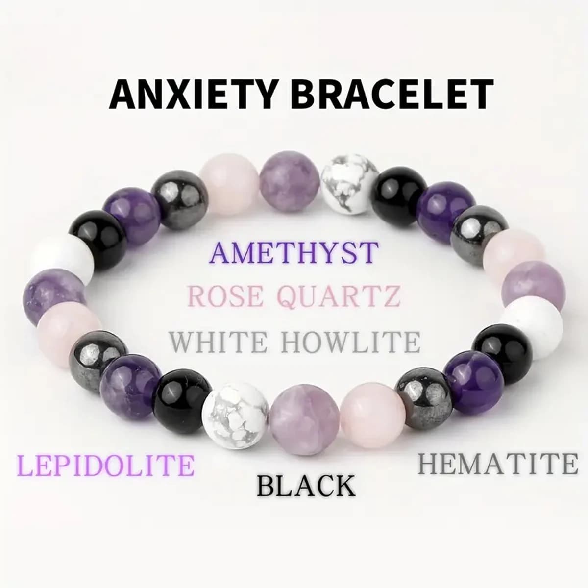 Bracciale antistress: ametista, tormalina nera, quarzo trasparente, ematite, lepidolite, quarzo rosa e cristallo rotondo bianco da 8 mm