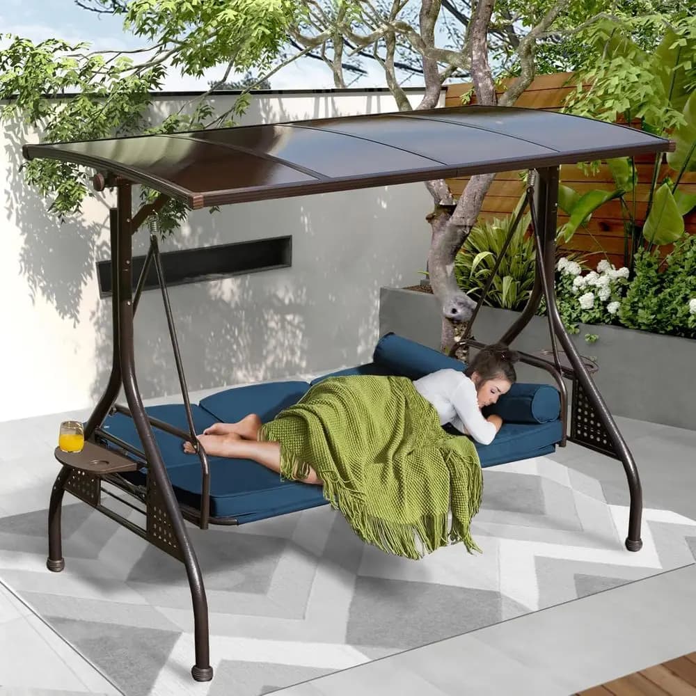 3-Seat Outdoor Porch Swing with Adjustable Hardtop, Convertible Chair, Thick Cushion, Pillows, and Cup Holders (Blue)