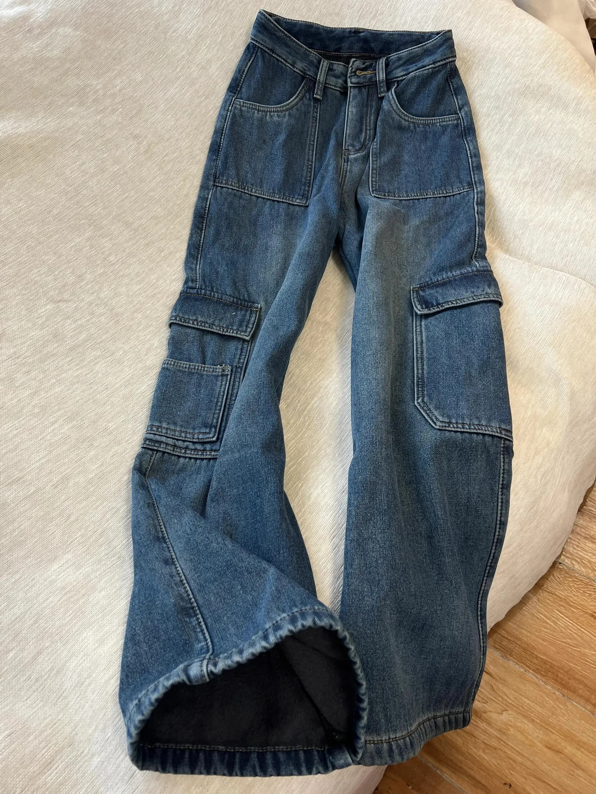 Retro Blue Fleece Lined Workwear Denim Jeans Women's High Waist Large Pocket Wide Leg Floor Length Pants Autumn Winter New De...