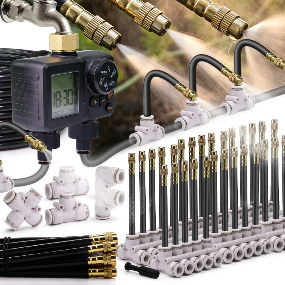 Sistema di irrigazione automatico temporizzato con timer LCD e kit spruzzatore con tubo in PE da 5/8 mm per giardino, prato, patio, piante, nebulizzazione e raffreddamento.