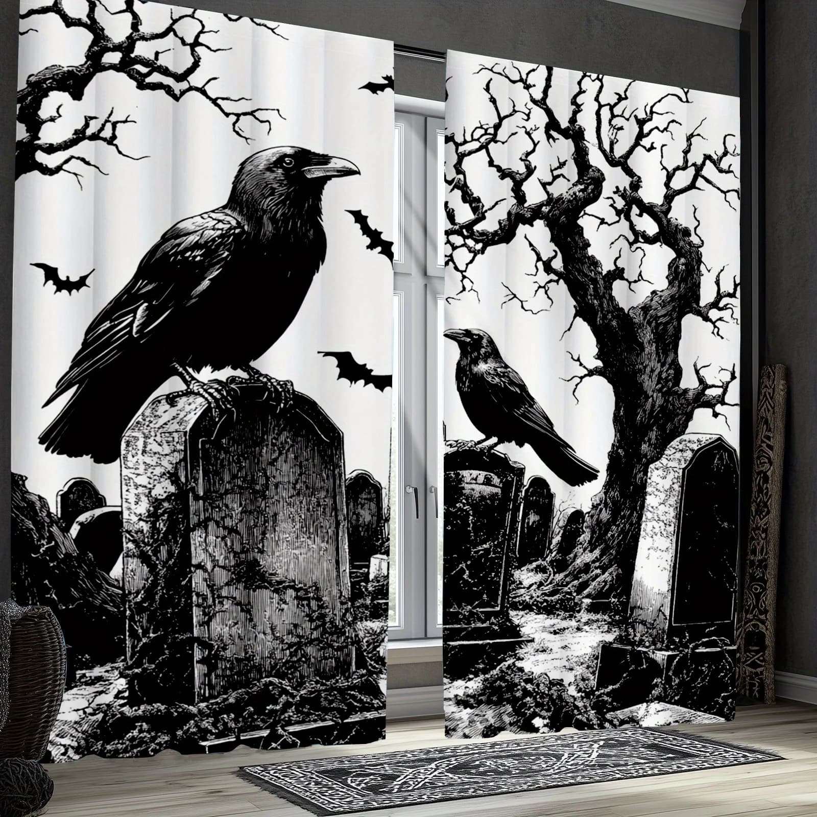 Black Crow and Cemetery Pattern Rod Pocket Window Curtains Gothic Home Decor for Living Room and Bedroom