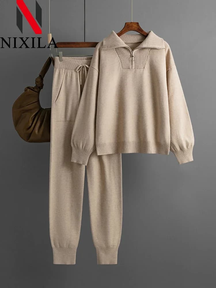 Autumn Winter Women's Knitted Pullovers Suit Warm Two Piece Set Casual Elegant SweatersTracksuit Two Piece Sets Womens Outifits