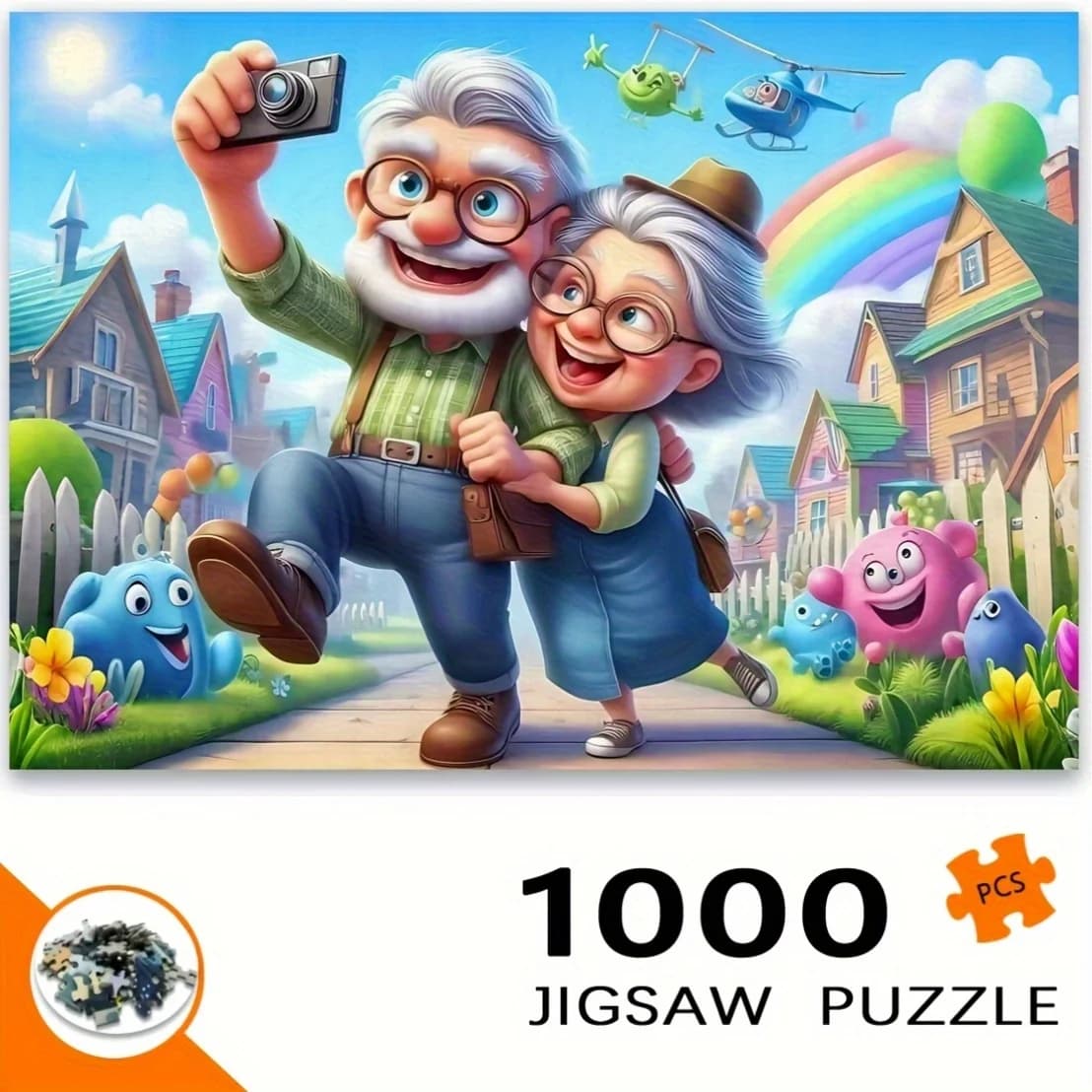 Puzzle da 1000 pezzi per nonni, amore e viaggio, scena romantica con coppia anziana, colori vivaci, attività divertente per la famiglia, cervello fai da te