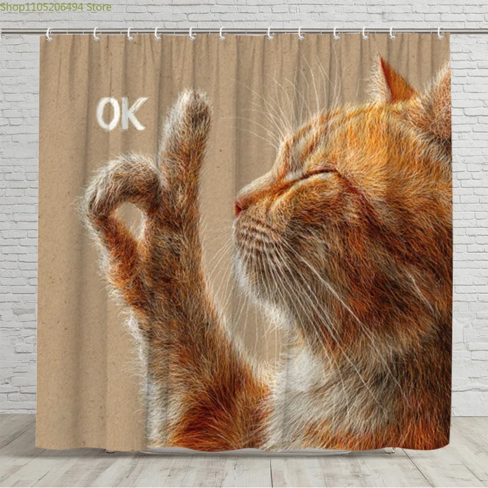 1 tenda da doccia divertente con gatto, con simpatico gattino tabby arancione e gesto di pollice verso l'alto (gesto di approvazione) - Decorazione umoristica per il bagno, beige e marrone T