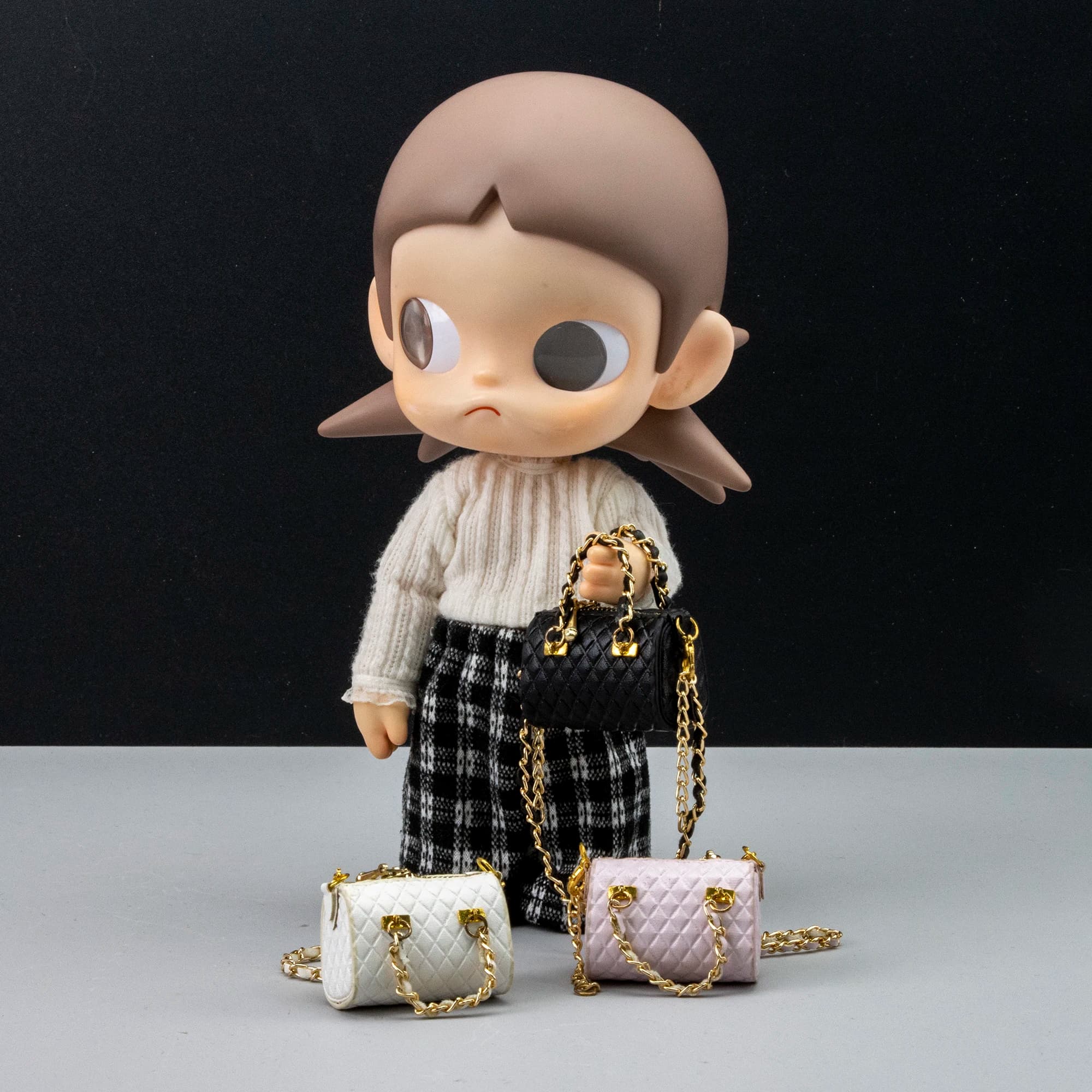 Cute Delicate Solid-Color Square Handbag for Dolls with Gold Chain Decoration Mini Leather Bag