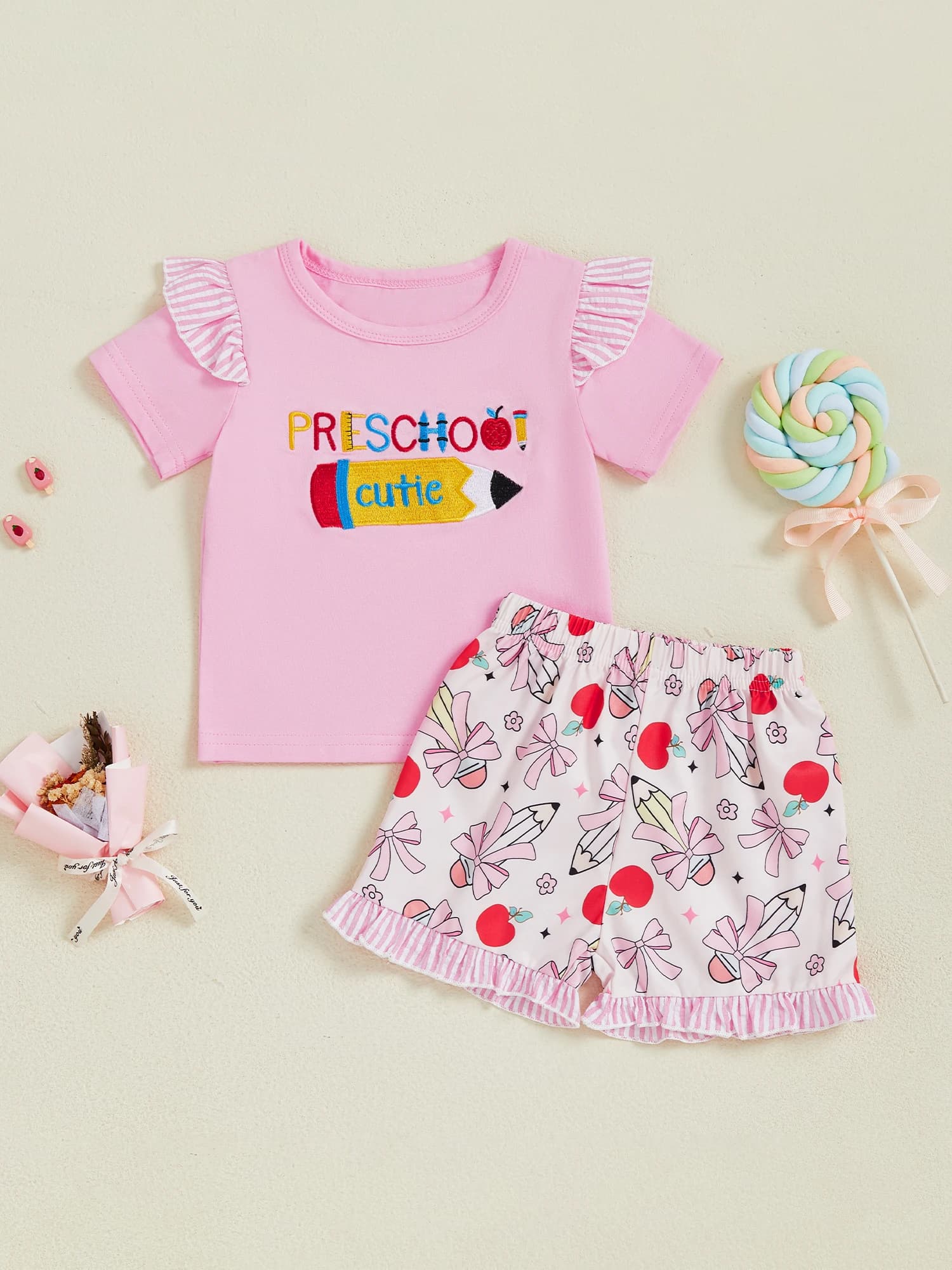 Completi estivi per bambini con graziose magliette a maniche corte con ricami di animali e pantaloncini elastici in vita Set da 2 pezzi per il ritorno a