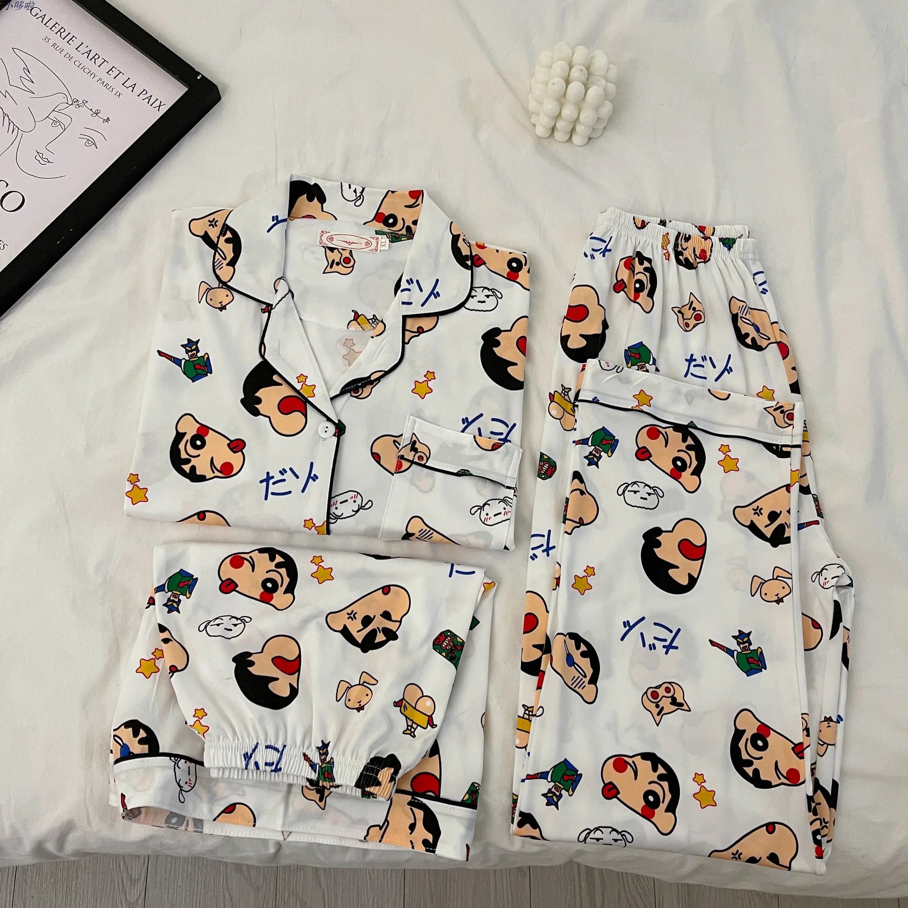Pigiama Kawaii Anime Giapponese Crayon Shin Chan per Coppie, Set Estivo a Tre Pezzi in Cotone Sottile a Maniche Corte, Cartone Animato Carino