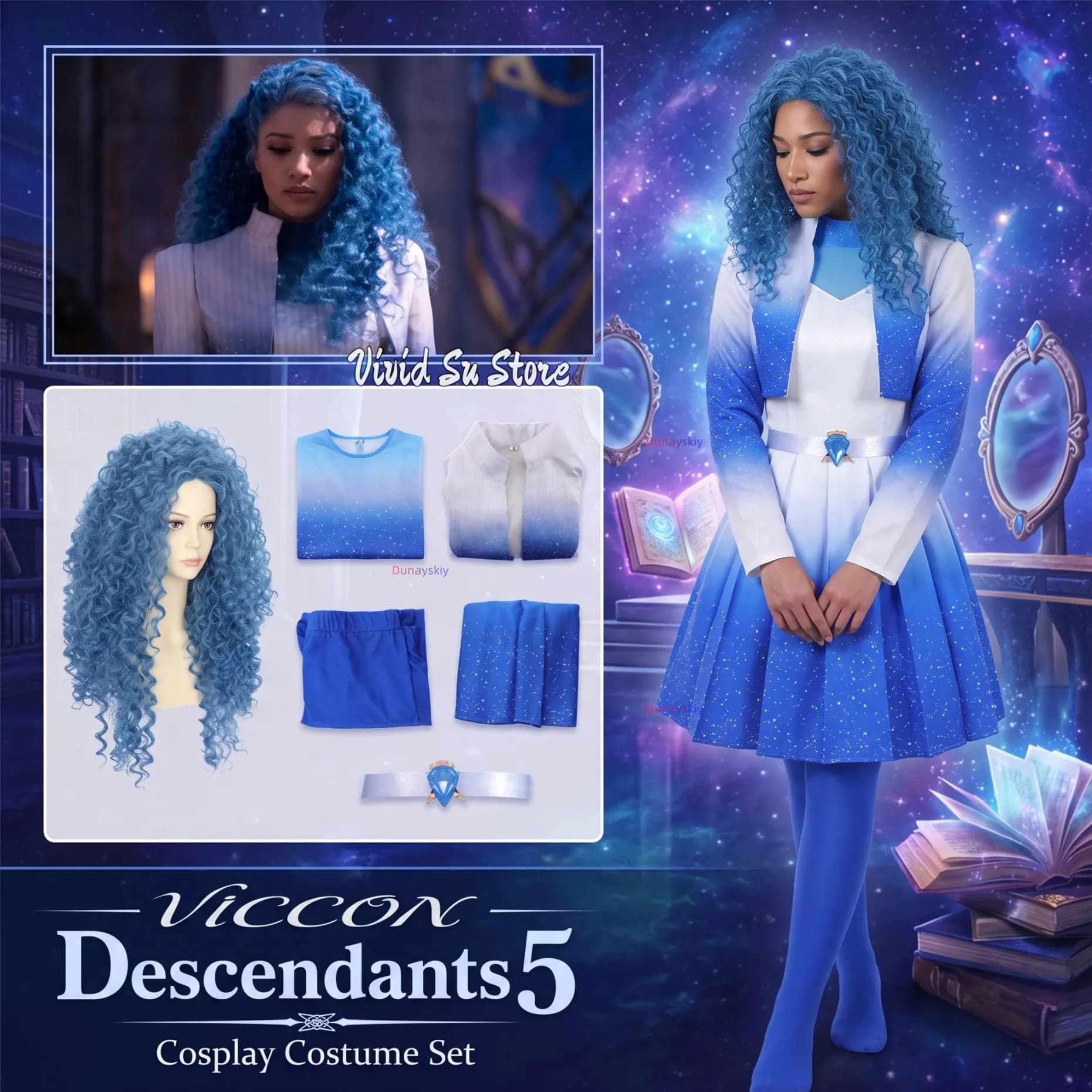 Wicked 5 Costume Blue Chloe Cosplay Descenn Anime Dantss Fashion Short Jacket Gradient Skirt Wigs Halloween Party Roleplay Cos