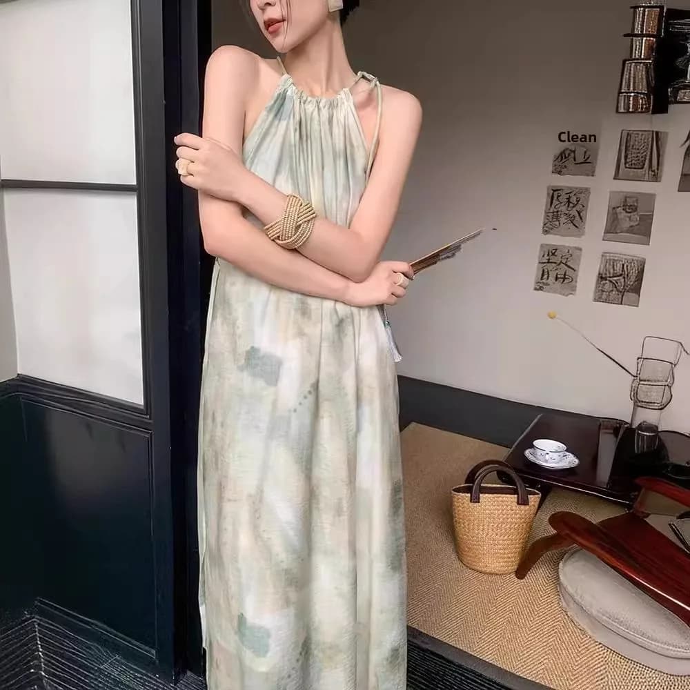 New Chinese Style Sleeveless Gradient Neck Hanging Dress Women's Summer 2024 Lazy Style Slimming Holiday Long Dress