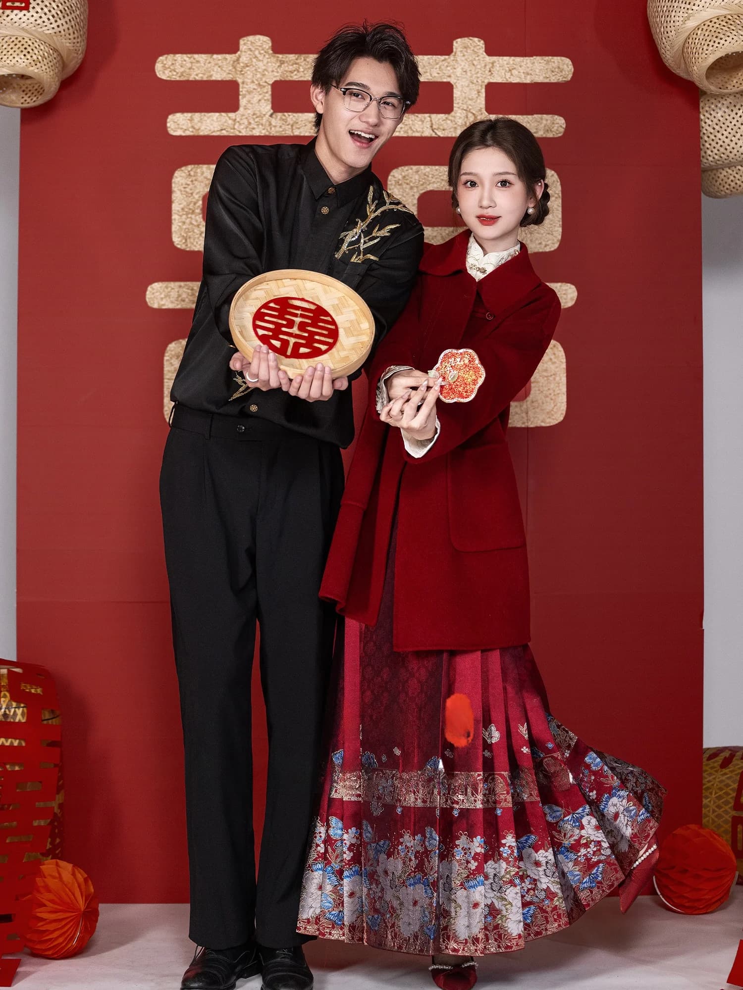 Red Embroidered Bead Woolen Double-Faced Tweed Daily Coat for Wedding Engagement High Waist Vintage Style Long Sleeve Dress