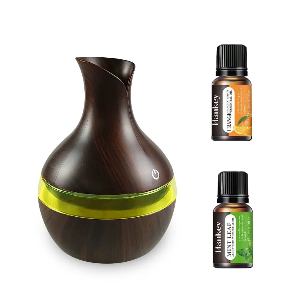 Diffusore per umidificatore in legno diffusore di olio essenziale per aromaterapia USB da 300ml per Set regalo per la scuola materna dell'ufficio della camera da letto con 2 oli rilassanti