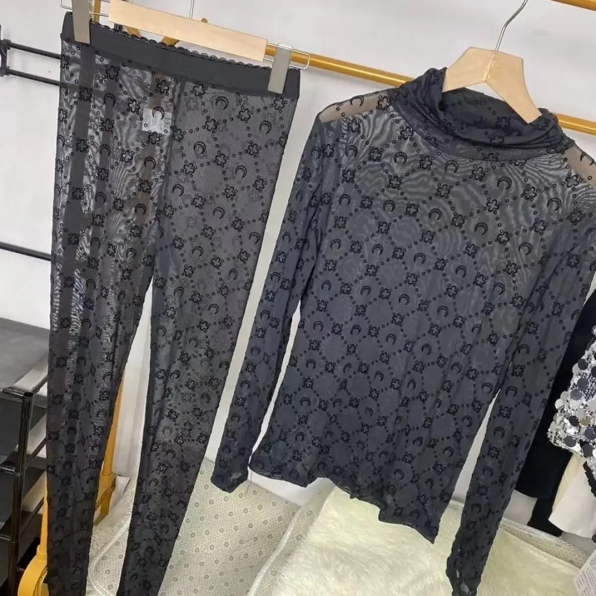 Set retro two-piece woman fashion korean sleeve long moon velvet printed shirt base trousers set perspective slim sexy hot girl
