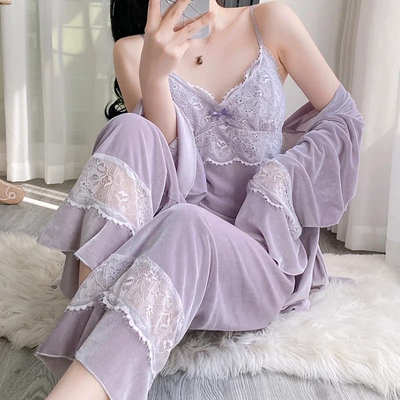 Autumn Winter Velvet 3 Pieces Pijama Set Nightwear Sexy Lace Bathrobe Tailleur Trousers Coached Casual Velvet Homewear Pigiama