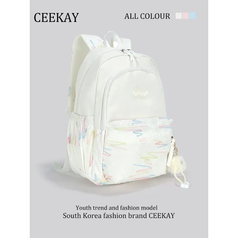 Nuovo Zaino CEEKAY 2026 con Stampa a Righe Colorate, Borsa a Tracolla Fresca con Tessuto Plissettato e Ciondolo a Palla in Peluche, Borsa Casual per la Scuola