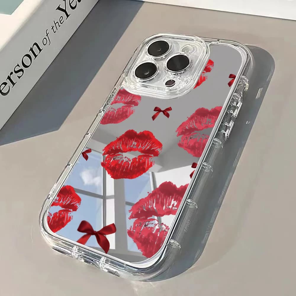 Custodia per telefono antiurto con specchio e cuscino d'aria, design Labbra Rosse e Fiocco, per iPhone 17 13 12 11 Pro Max 14 15 16 Pro XR XS 7 8 Plus 17Air Art