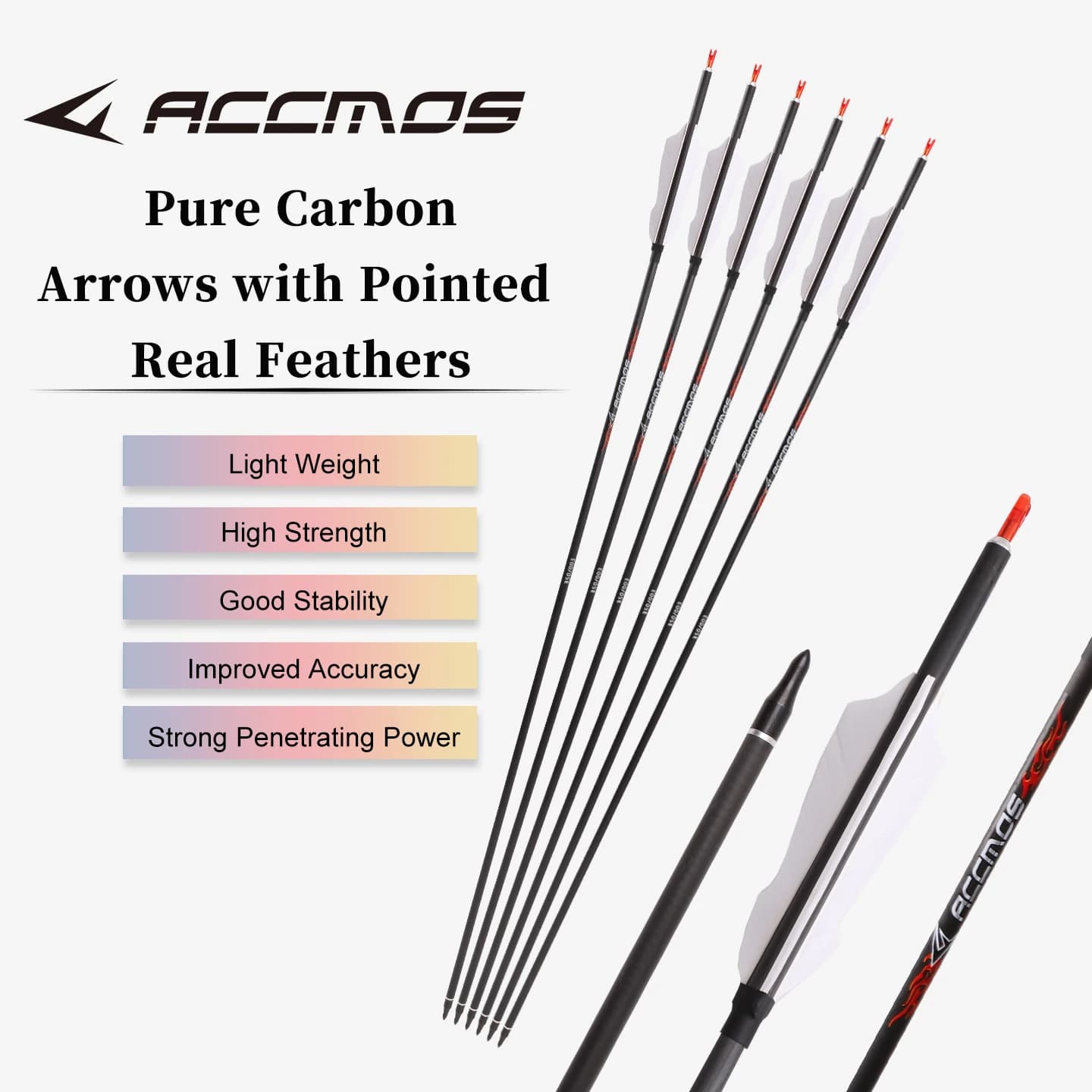ACCMOS Frecce in carbonio puro da 33 pollici ID6.2mm 4 pollici Piuma di tacchino Spine250/300/350/400/500/600/700/800 Arco ricurvo/composto da caccia