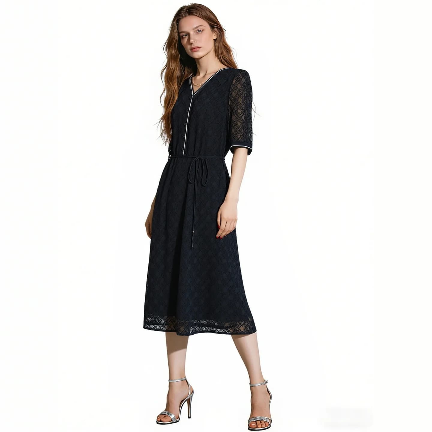 Abito Midi in Pizzo da Donna Primavera 2026, Scollo a V, Maniche a Sbuffo, Cintura Annodata, Vestito Casual Nero