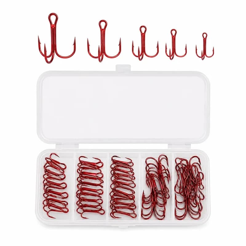 50Pcs Red Treble Hooks Set with Storage Box, 5 Sizes 2# 4# 6 8 10, Fishing Hooks Assortment for Lures and Tackle Replacement Kit