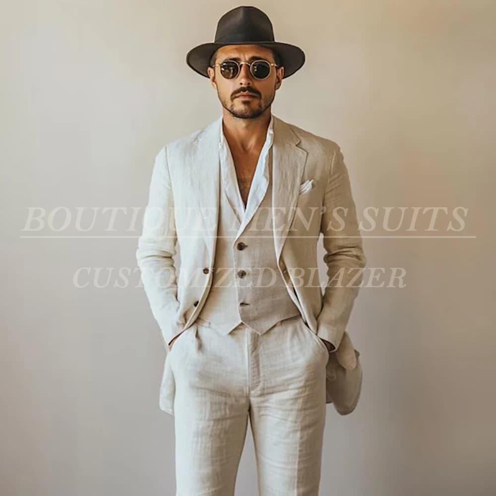 Abiti estivi casual in lino da uomo per testimoni di nozze, completo 3 pezzi giacca pantaloni gilet, abbigliamento maschile personalizzato monopetto