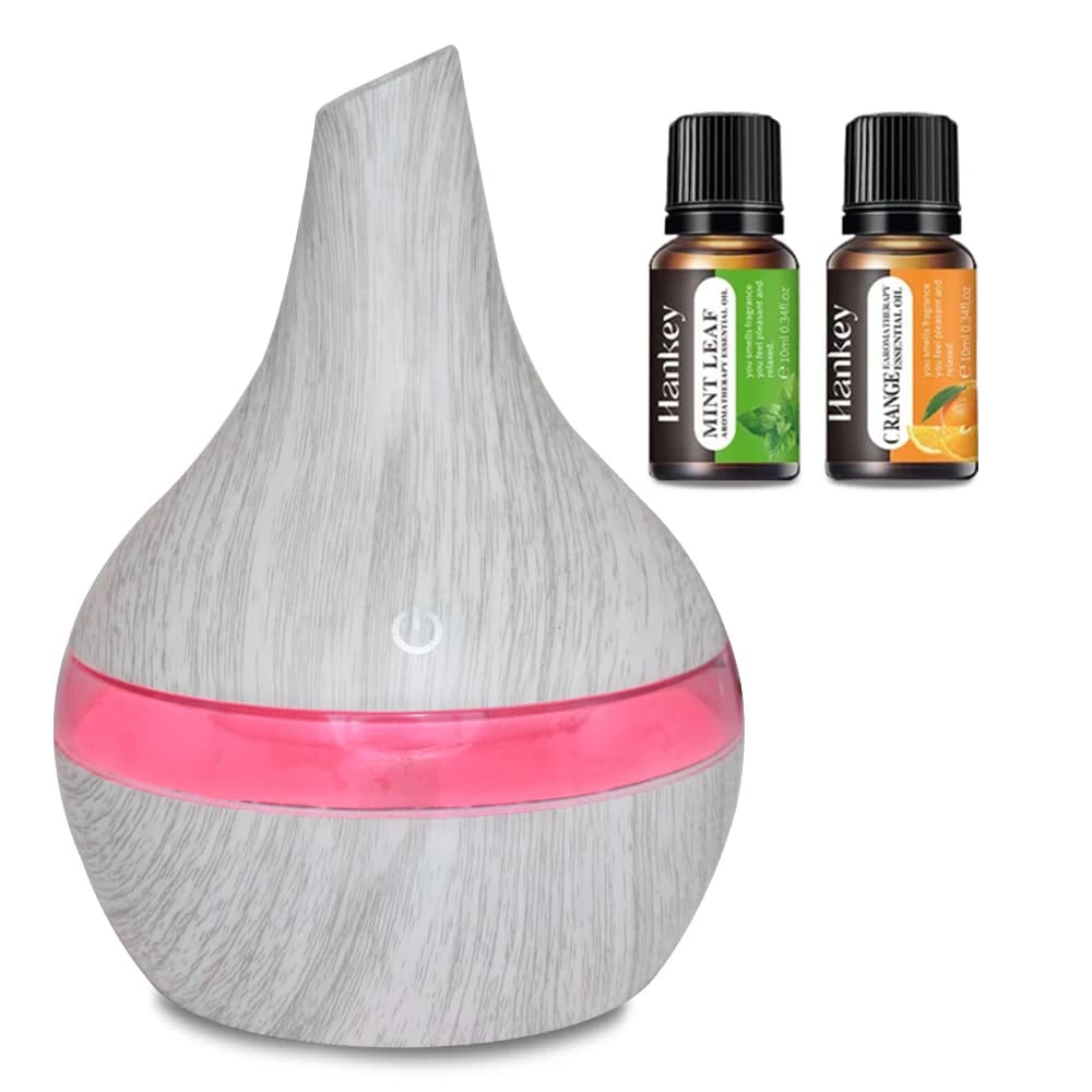 Diffusore e umidificatore di oli essenziali con venature del legno da 300 ml Alimentato tramite USB, diffusore di aromaterapia ultra silenzioso con 2 oli, casa elegante e