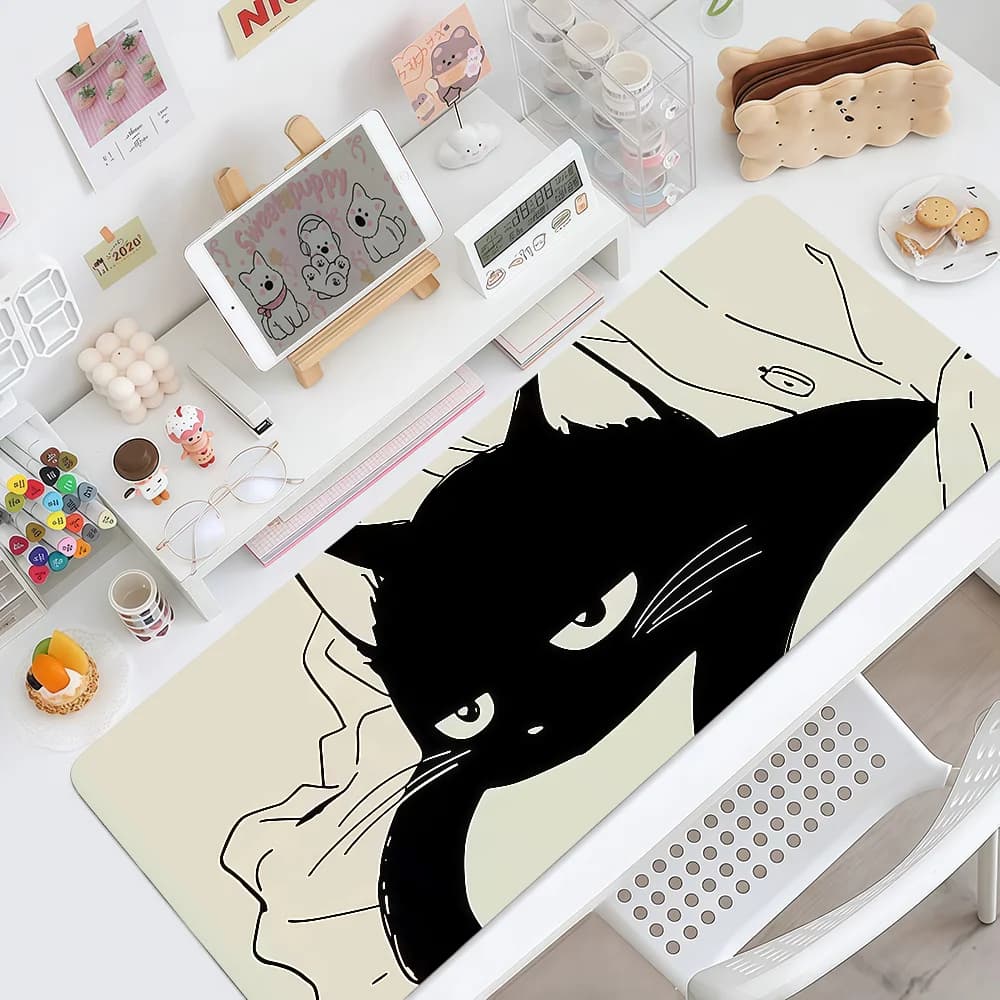 Tappetino per Mouse Kawaii, Antiscivolo con Bordo Cucito, per Ufficio, Nero, per Studenti, Gaming, Spesso, Grande, per Scrivere, Cuscino a Forma di Gatto