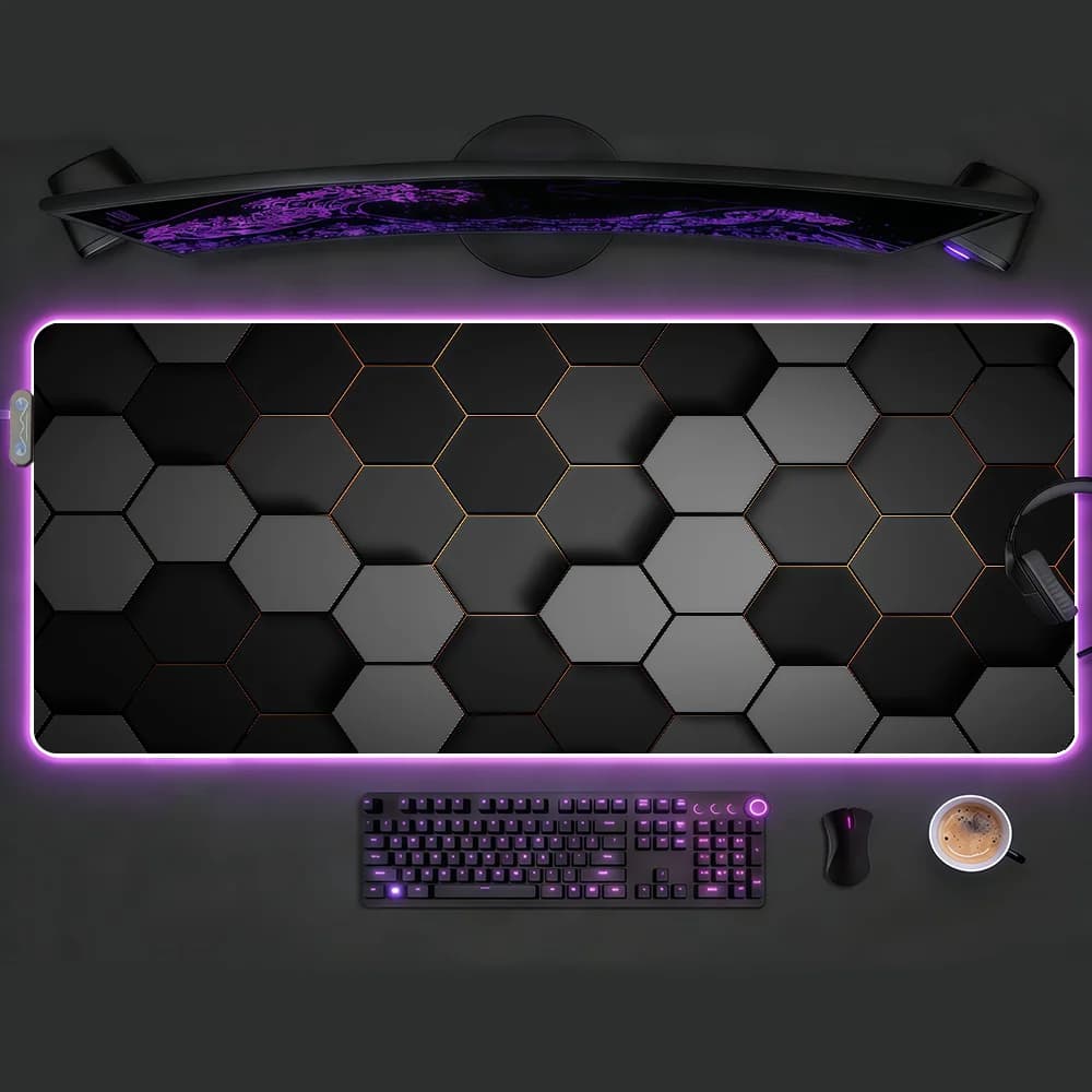 Tappetino per mouse con design a gradiente rosso e blu, motivo a nido d'ape, RGB LED, per gaming, camera da letto, ufficio, antiscivolo, impermeabile, grande.