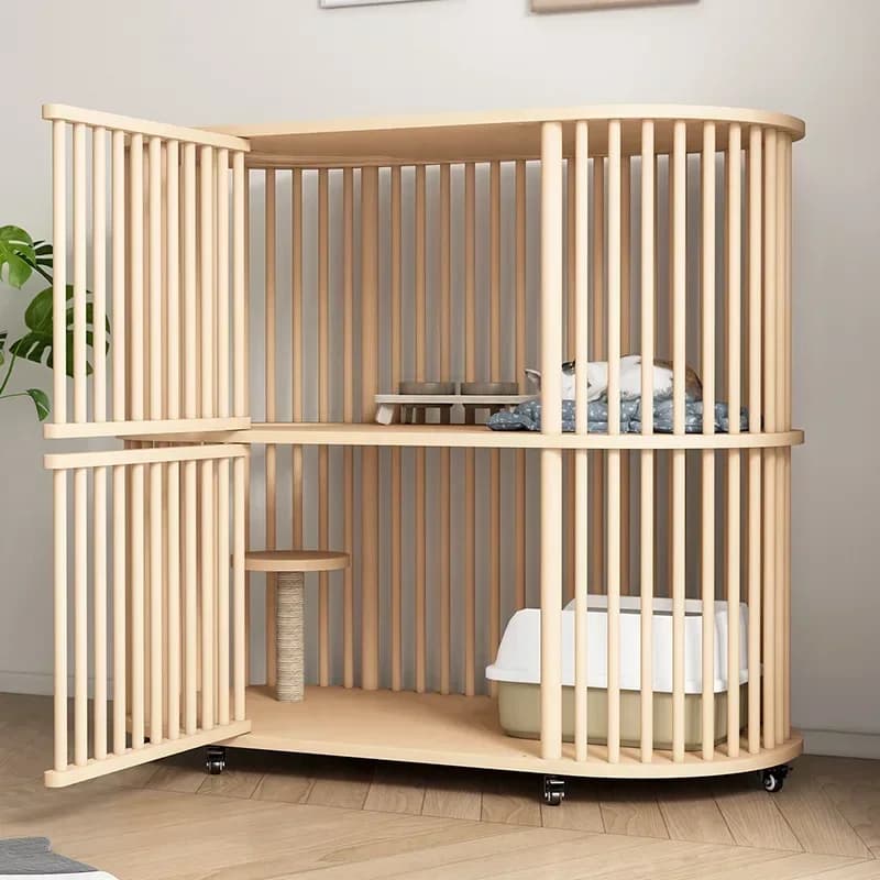 Gabbia per gatti in legno massello Casa per interni Villa per gatti Armadietto Grande spazio libero Casa per gatti Forniture per animali domestici Letto per cani a due piani