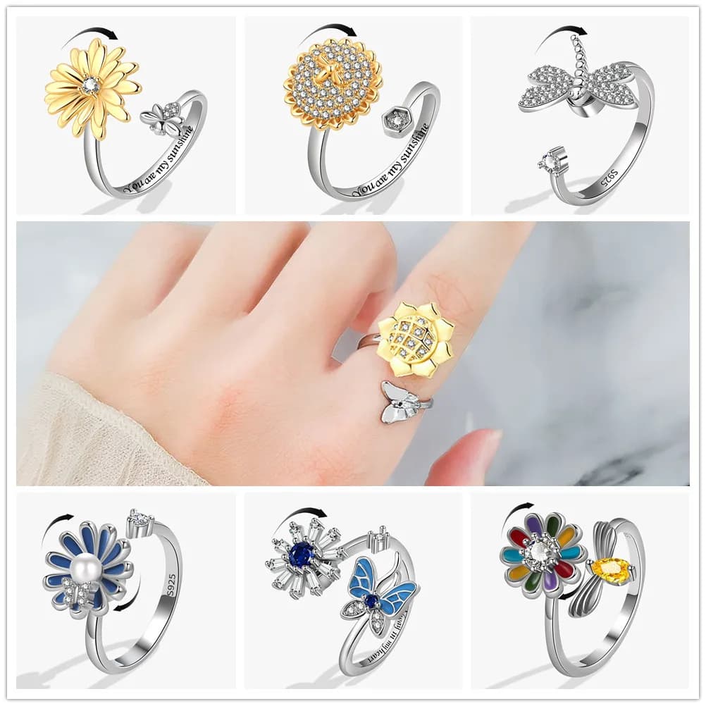 mini animale farfalla e girasole Ansia anello regolabile rilassante per le donne Spinner Fidgets anelli antistress rotanti
