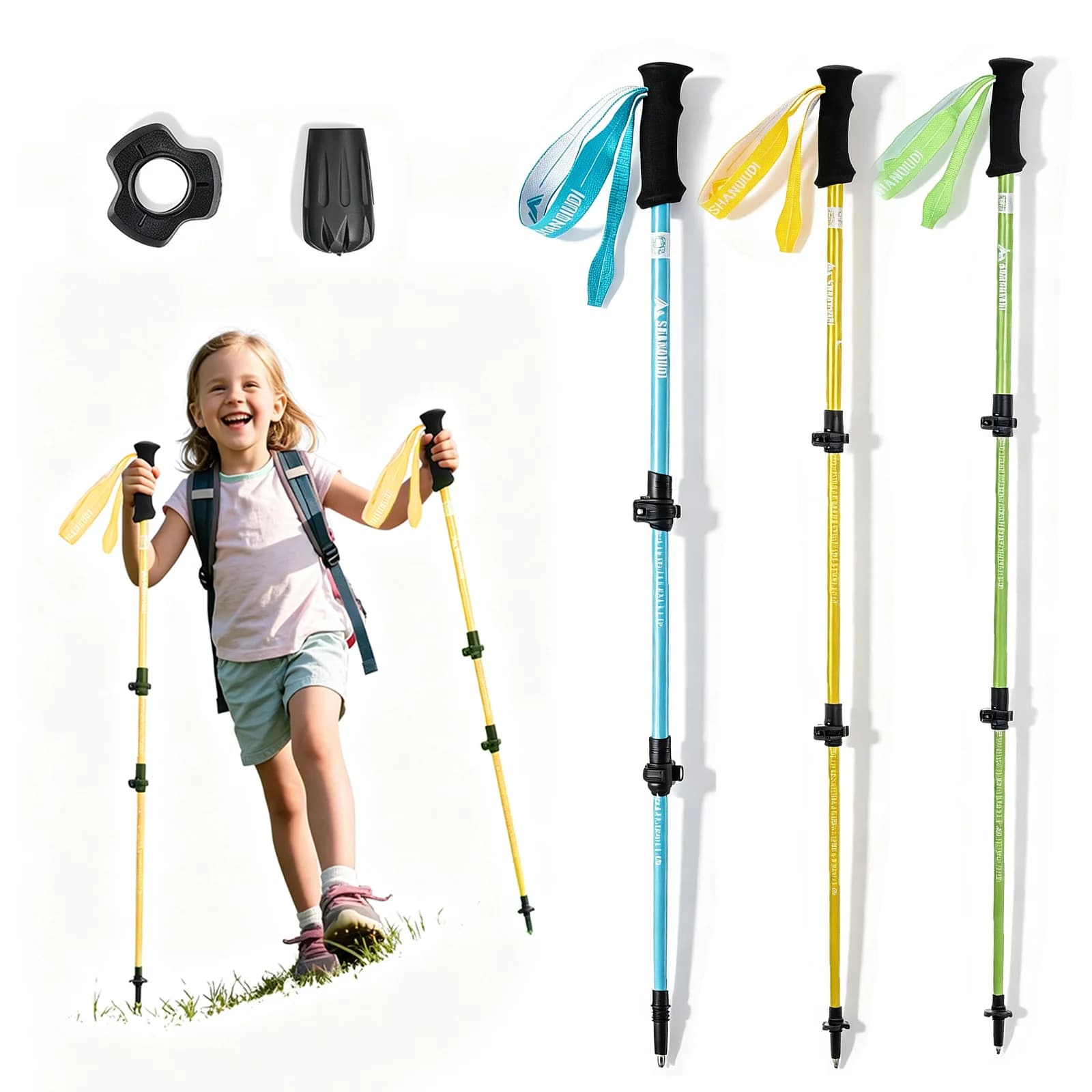 4 Section External Lock Kids Trekking Pole Lightweight Aluminum Telescopic Hiking Stick with Full Accessories for Family Camping