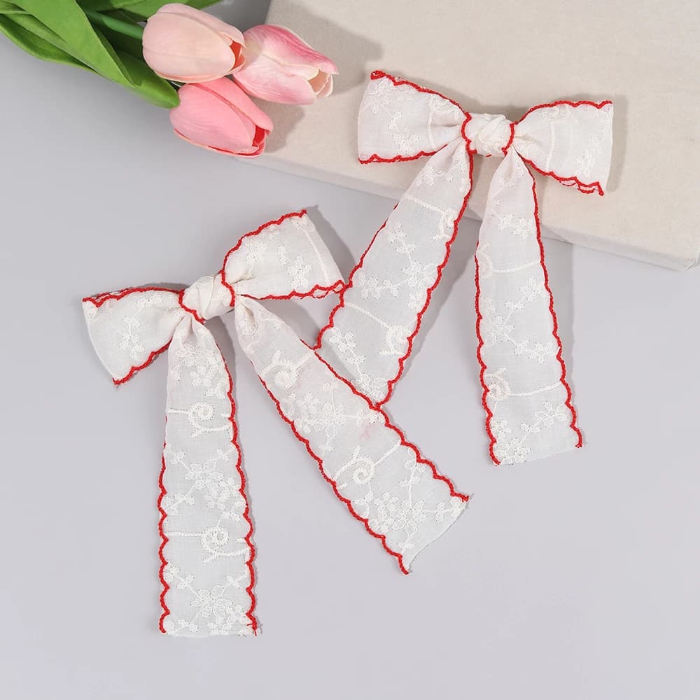 2Pcs Cotton-linen Bow Hair Clips Handmade Floral Embroidery Red-edged Long Tail Barrette For Women Girls Party Daily Headwear