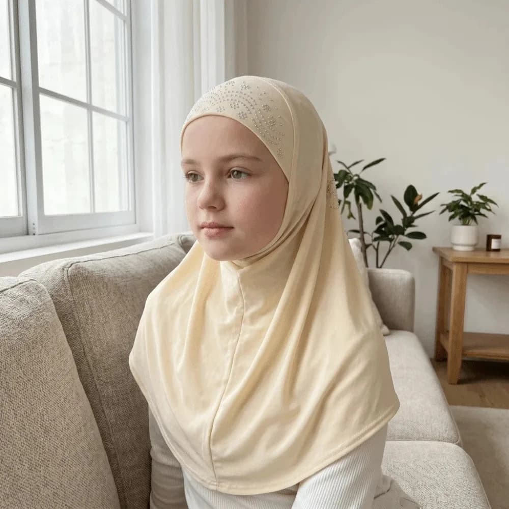 Gift Cute Girl Rhinestones Hijab Easy Pull-On Simple Kids Head Wrap Flower Polyester Pray Hat Children