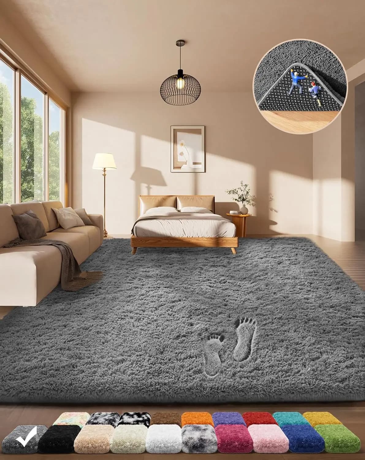 Washable Soft Fluffy Shag Rug for Living Room Bedroom, Non-Slip Grey Carpet 4x6, Plush Indoor Floor Rug for Kids Home Dorm Decor