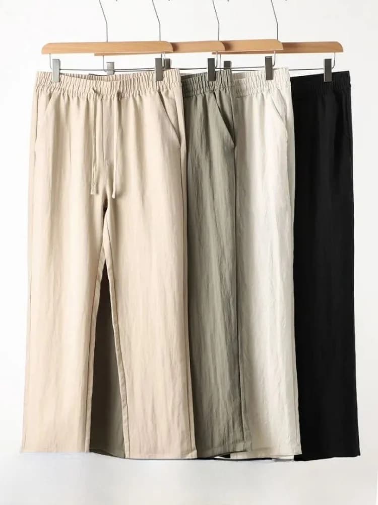Italian Minimalist Style Mixed Flax Linen Men's High Drape Summer Casual Pants Breathable Moisture Wicking Straight Leg Trousers