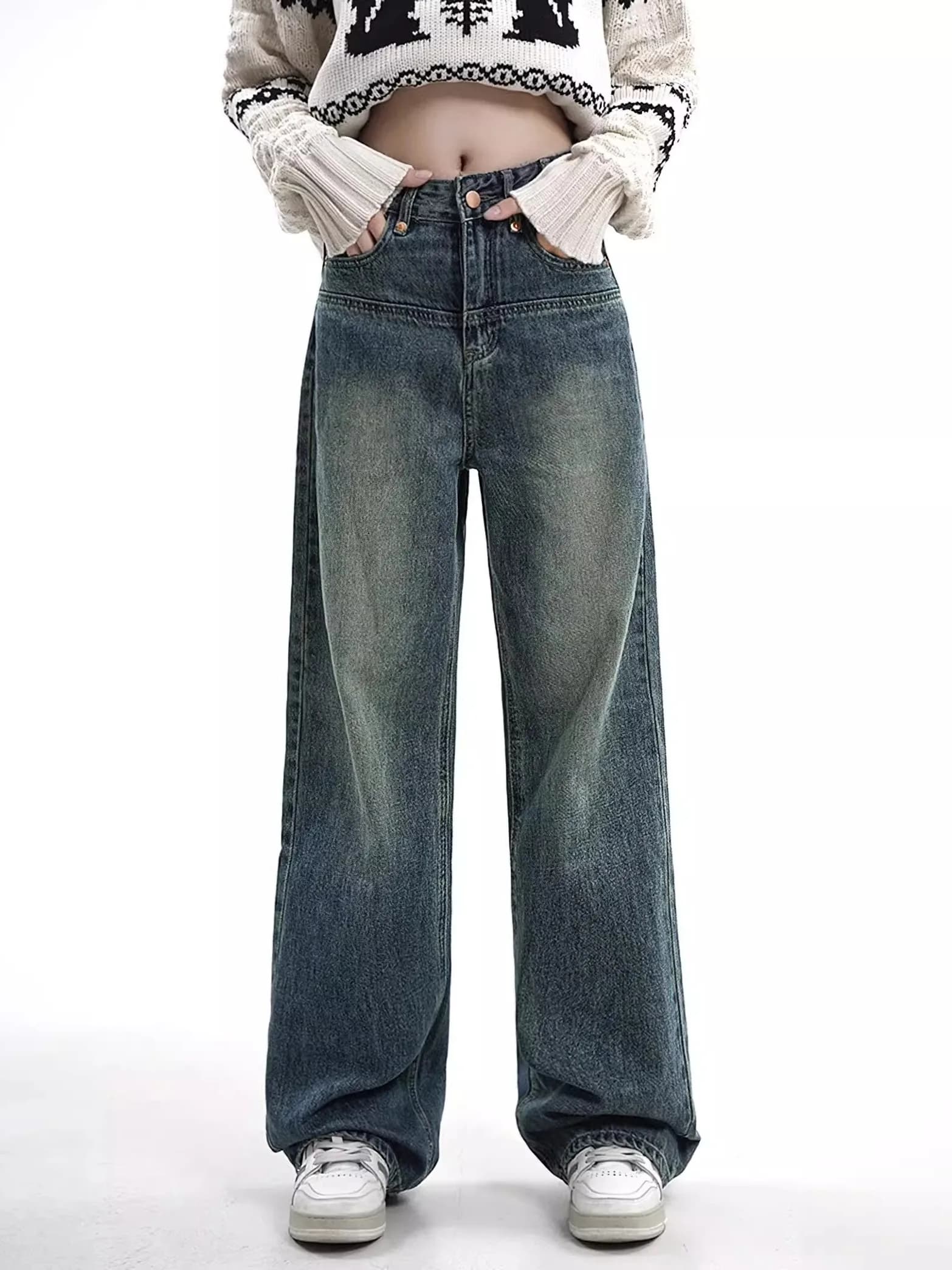 Jeans a gamba dritta blu effetto invecchiato da donna, taglie forti, estivi, larghi, snellenti, a vita alta, in denim