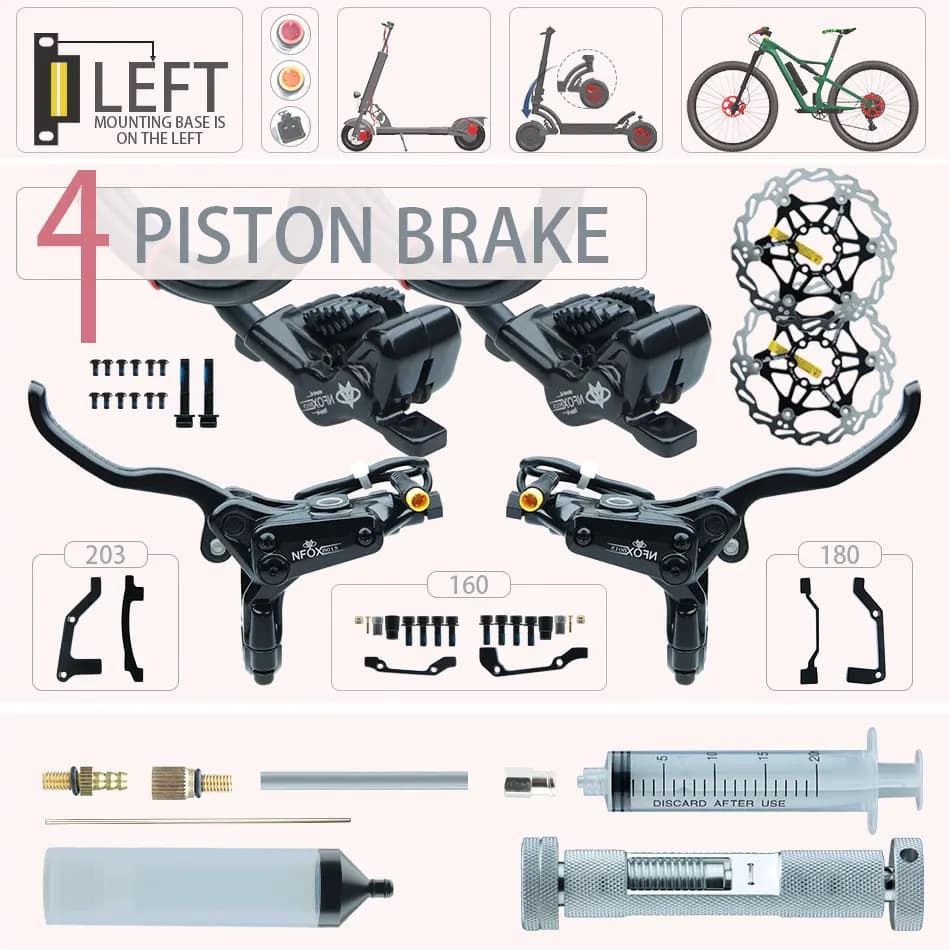 Freno idraulico a disco a 4 pistoni E-bike Pieghevole Mountain Bike Bicicletta Spegnimento 160 180 203 Roto Tubo diviso Accessori per ciclismo