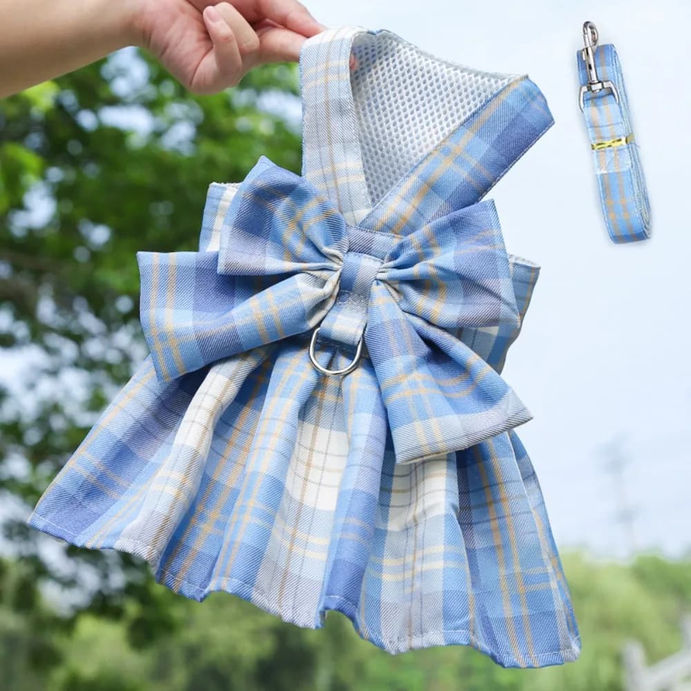 Vestito JK a quadri per cani con guinzaglio, gonna sottile in Dacron con fiocco, gilet regolabile e lavabile per animali domestici, anche per conigli