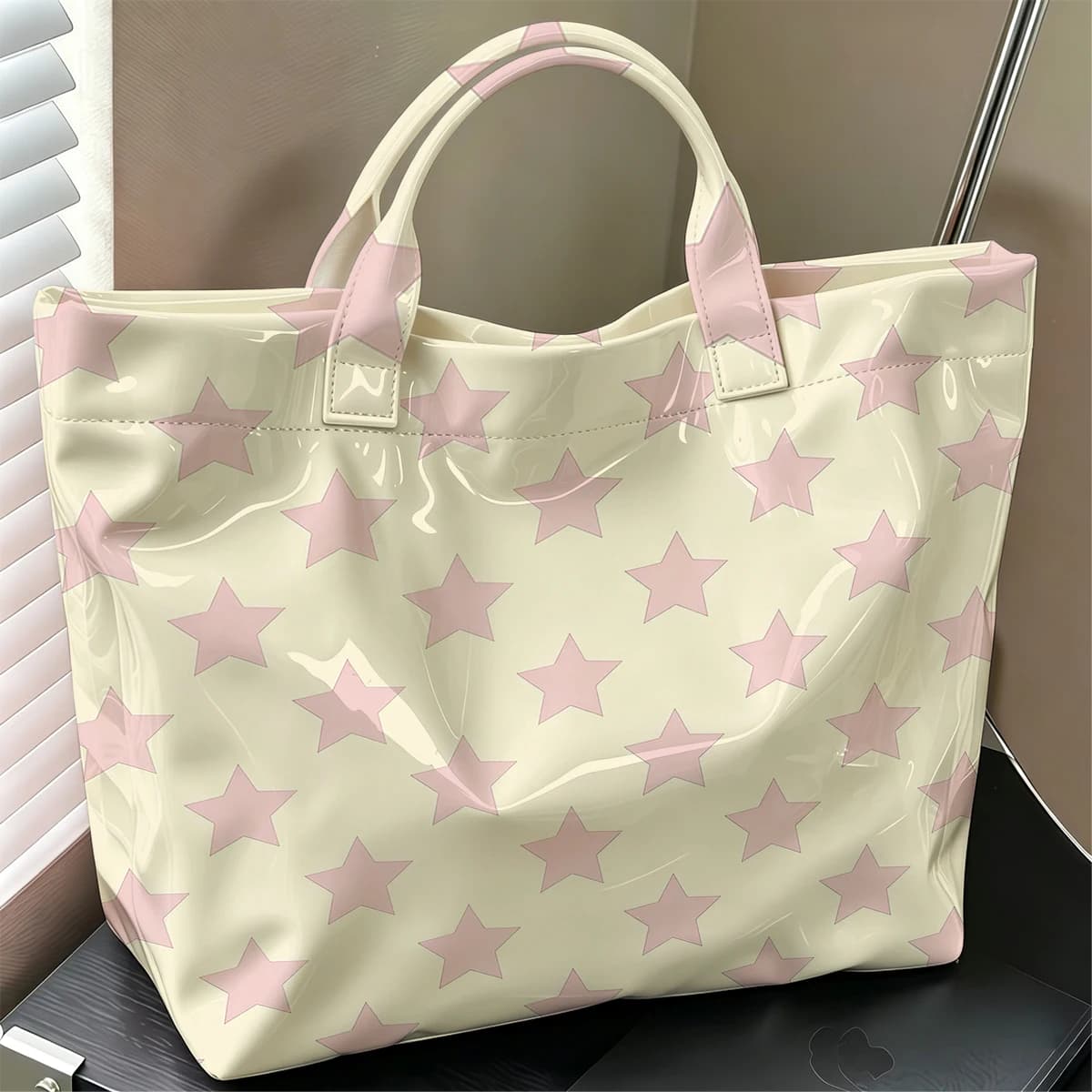 Blush Star Dot Cute Large Glossy PVC Tote Bag Hand Washable Lightweight Soft Great for Travel Commute Makeup Storage Handbags