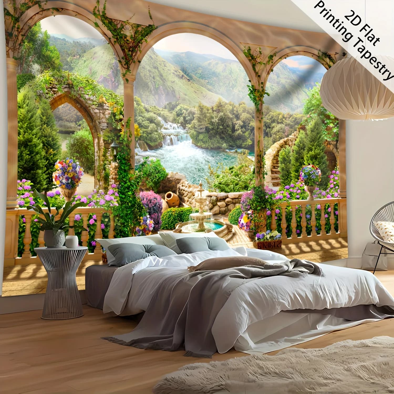 European Arch Tapestry, Waterfall and Flower Garden View, Romantic Landscape Wall Hanging for Bedroom Living Room