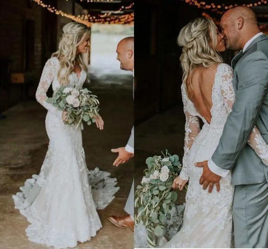 Abiti da sposa sexy in pizzo senza schienale maniche lunghe abiti da sposa da spiaggia scollo a V vintage Vestido De Novia personalizzato