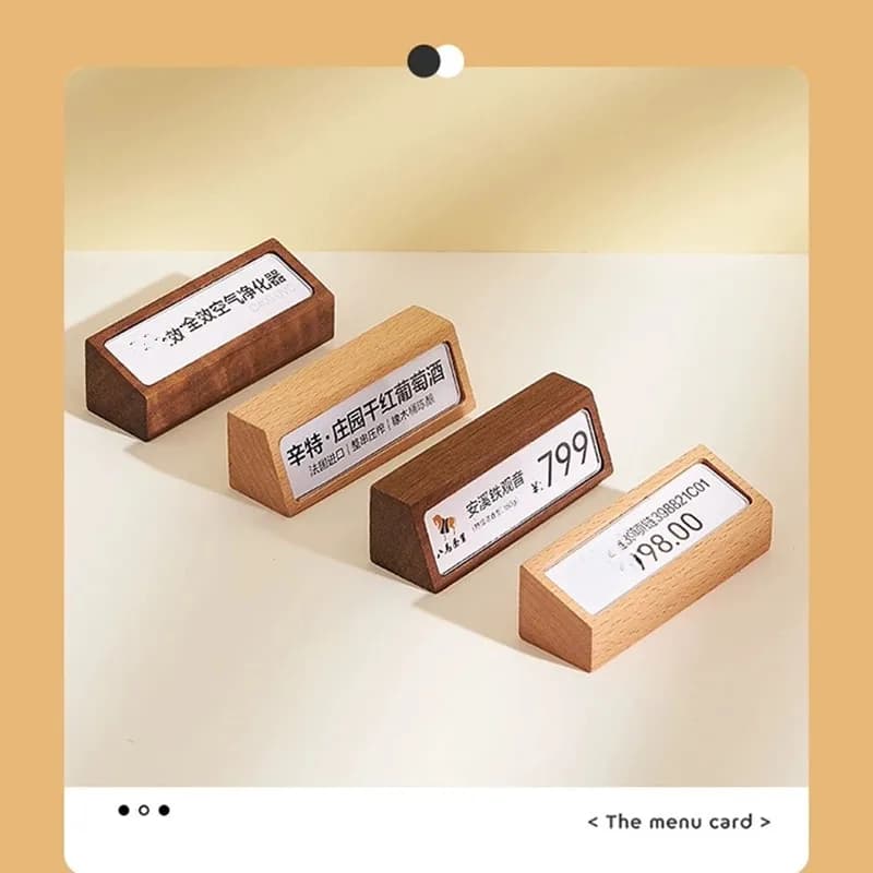 6 Pezzi Porta Cartelli in Legno e Acrilico 68x18mm, Espositore per Menu Ristorante, Porta Listino Prezzi, Etichette per Tavolo, Cartellini Prezzi