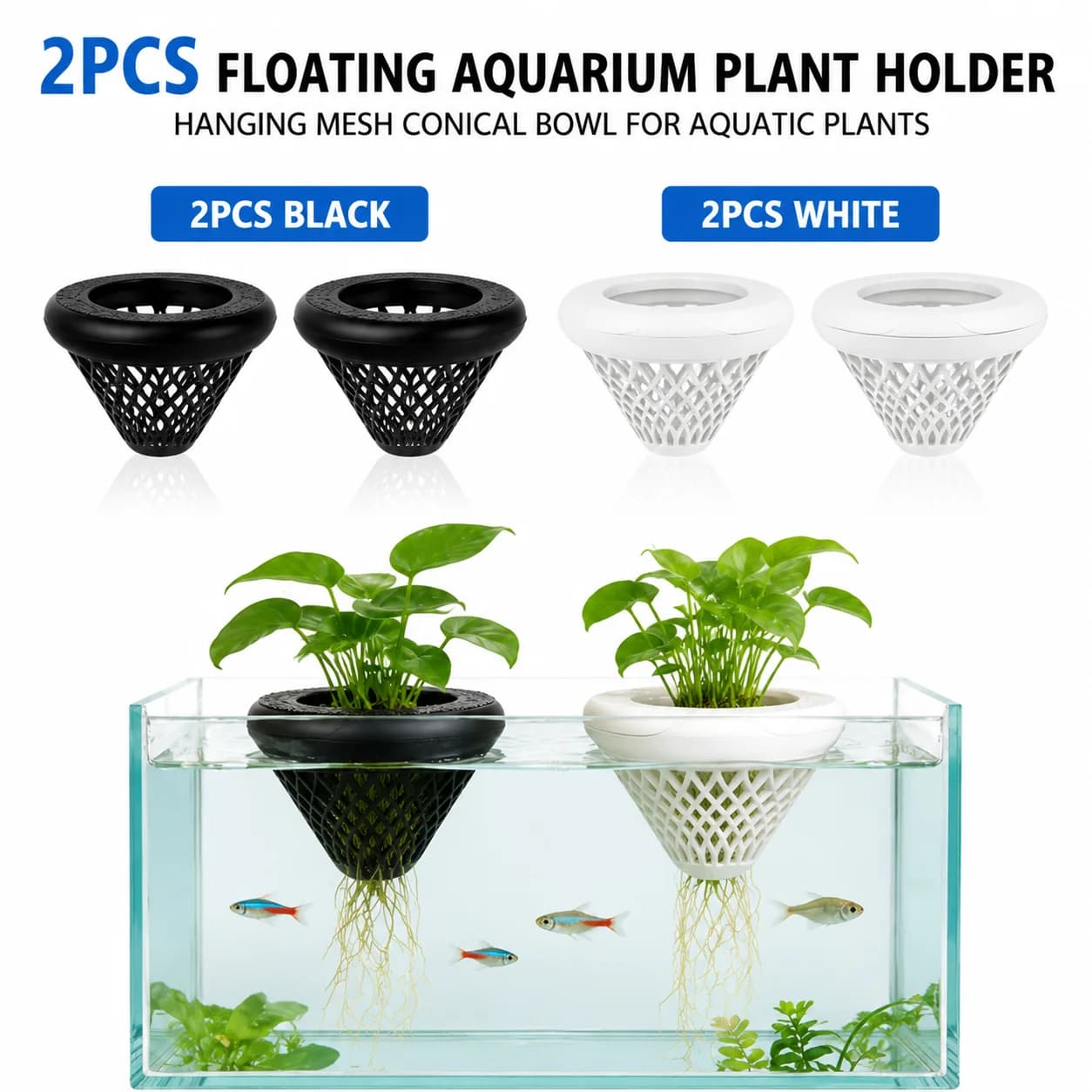 2PCS Floating Aquarium Plant Holder, Hanging Mesh Plant Basket for Fish Tank, Aquatic Plant Pot, Aquarium Decoration Accessory