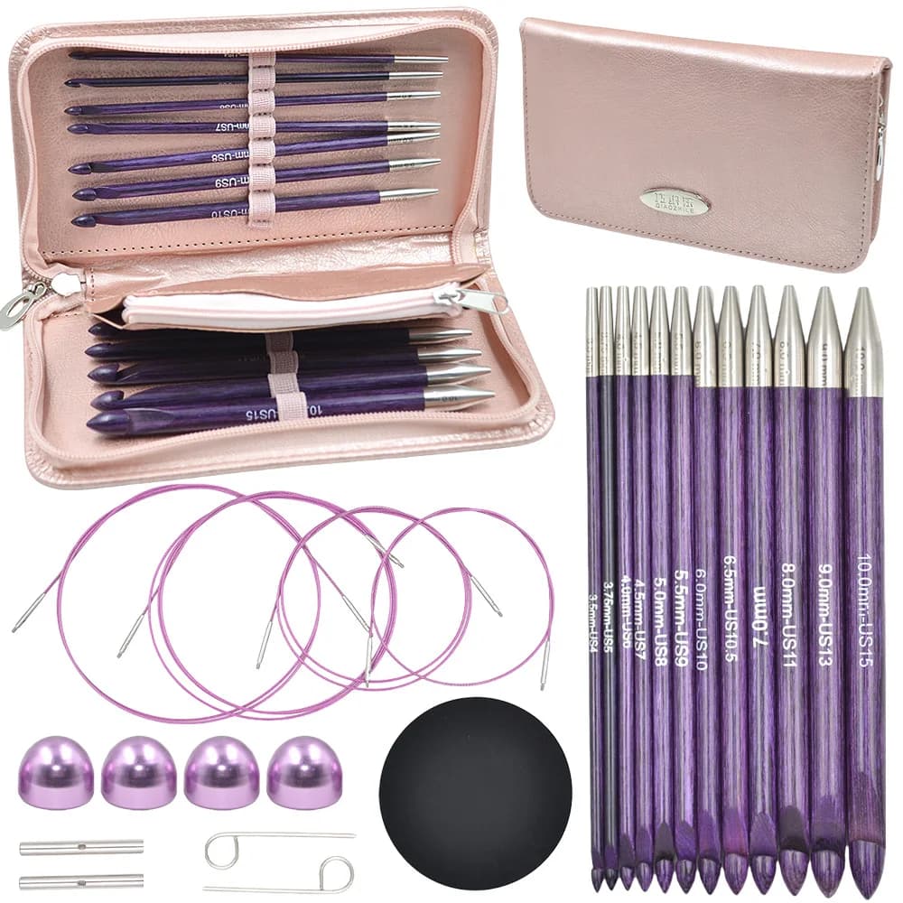 1Set Purple Sandalwood Detachable Circular Knitting Needles 3.5-10mm 12pcs Long Wool Crochet Needles Cables Accessorie with Case