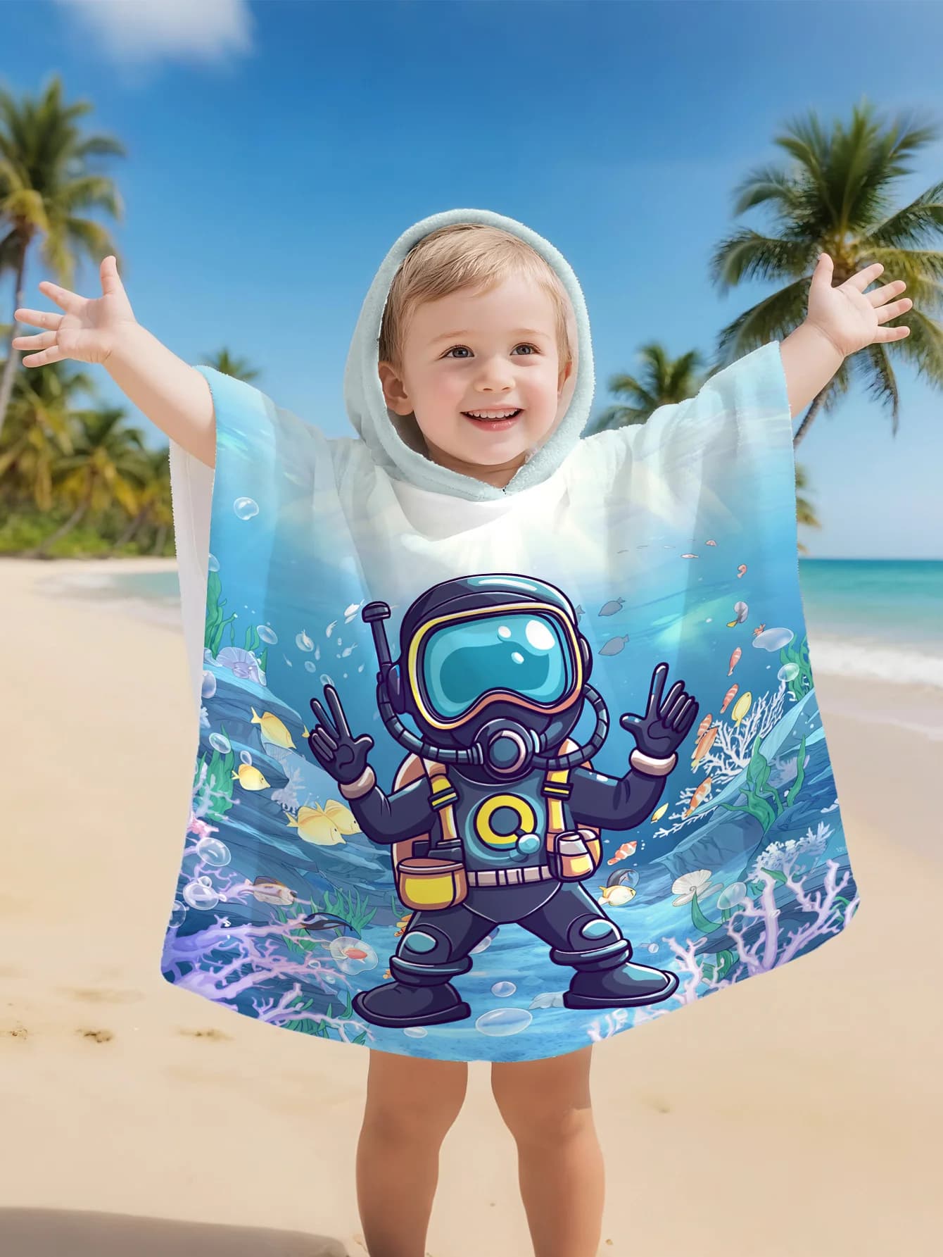 Accappatoio Diver Under the Sea, morbido e super assorbente, con bottoni laterali, adatto per spiaggia, piscina, mare, campeggio, per ragazze e ragazzi dai 2 ai 11 anni.